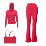 LULU DF Embossed Hooded Jacket, Y-shaped Vest, Bell-bottom Pants Three-piece Set, Starry Gold Zipper Yoga Outfit