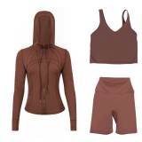 LULUDF Embossed Hooded Jacket, U-Shaped Vest, Three-Quarter Pants, Three-Piece Set, Gold Zipper Yoga Outfit, Long Sleeve
