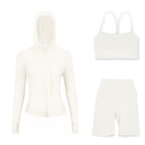 LULU DF hooded jacket, Y-back vest, three-quarter pants three-piece set, starry gold zipper slim-fit yoga outfit