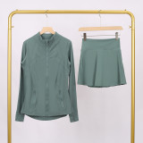 LULU branded stand-up collar jacket and skirt set, sports tennis skirt for women, anti-exposure fitness skirt, two-piece design