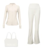 LULU DF Embossed Stand Collar Jacket, Y-shaped Vest, Flared Pants Three-piece Set with Gold Zipper, Sports Fitness Yoga Outfit