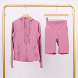 LULU DF hooded jacket and shorts set with gold zipper, slim fit, stretchy, quick-drying, fitness, sports, yoga wear for women