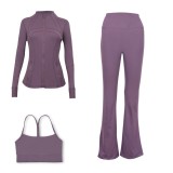 LULU DF Embossed Stand Collar Jacket, Y-shaped Vest, Flared Pants Three-piece Set with Gold Zipper, Sports Fitness Yoga Outfit