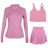 LULU sports tennis skirt, anti-exposure stand-up collar jacket, U-shaped tank top, short skirt three-piece set, yoga quick-dry pleated skirt