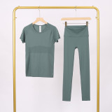LULU3.0 High-Elasticity Sports Round-Neck Short-Sleeve Nine-Point Pants Set for Women, Quick-Dry Running Training T-Shirt, Yoga Outfit for Women