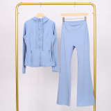LULU in-stock hooded jacket with embossed logo, flared pants set, running and yoga wear, slim-fit zip-up cardigan with long sleeves