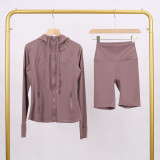 LULU DF hooded jacket and shorts set with gold zipper, slim fit, stretchy, quick-drying, fitness, sports, yoga wear for women