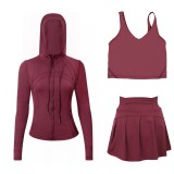 LULU Sports Tennis Skirt with Hooded Jacket and U-Back Tank Top Set for Women, Anti-Exposure Fitness Short Skirt, Two-in-One Design