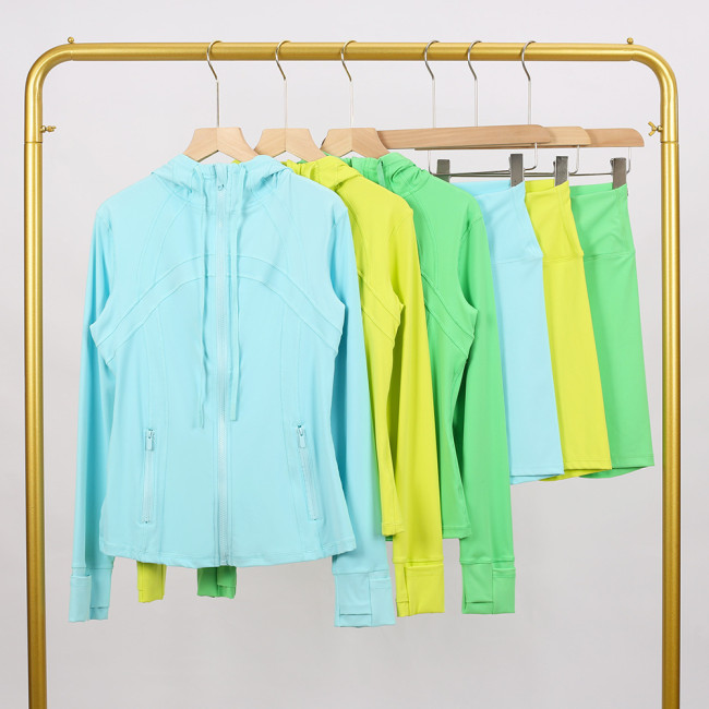 LULU DF hooded jacket and shorts set with gold zipper, slim fit, stretchy, quick-drying, fitness, sports, yoga wear for women