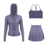 LULU sports tennis skirt with hooded jacket and Y-back tank top set for women, anti-exposure fitness short skirt, slimming effect