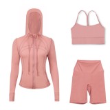 LULU DF hooded jacket, Y-back vest, three-quarter pants three-piece set, starry gold zipper slim-fit yoga outfit