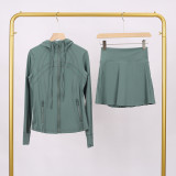 LULU branded hooded jacket and short skirt set, sports tennis skirt for women, anti-exposure fitness two-piece new style