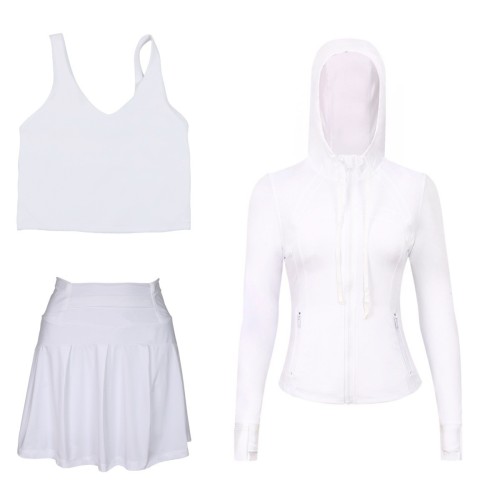 LULU Sports Tennis Skirt, Embossed Hooded Jacket, U-Back Tank Top Set, Women's Anti-Exposure Fitness Short Skirt, Two-in-One
