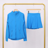 LULU branded stand-up collar jacket and skirt set, sports tennis skirt for women, anti-exposure fitness skirt, two-piece design