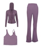 LULU DF hooded jacket, U-shaped vest, bell-bottom pants three-piece set, starry gold zipper slim-fit yoga outfit