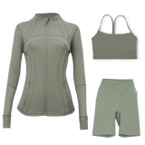 LULU DF stand-up collar jacket, Y-back vest, three-quarter pants, three-piece set with gold zipper, sporty slim-fit yoga wear