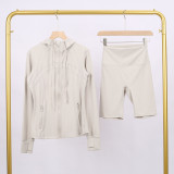 LULU DF hooded jacket and shorts set with gold zipper, slim fit, stretchy, quick-drying, fitness, sports, yoga wear for women