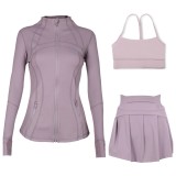 LULU Sports Tennis Skirt Anti-Exposure Embossed Stand-Up Collar Jacket Y-Back Vest Short Skirt Three-Piece Yoga Quick-Dry Set