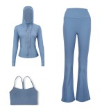 LULU DF Embossed Hooded Jacket, Y-shaped Vest, Bell-bottom Pants Three-piece Set, Starry Gold Zipper Yoga Outfit