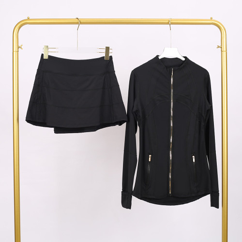 LULU Embossed Stand Collar Jacket and Three-Pleat Skirt Set for Fitness and Sports, Faux Two-Piece Anti-Exposure Elastic Tennis Skirt