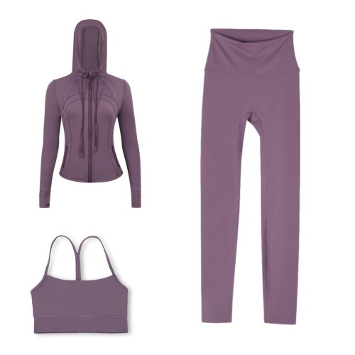 LULU DF Embossed Hooded Jacket, Y-Back Vest, Cropped Pants Three-Piece Set, Starry Gold Zipper Yoga Outfit
