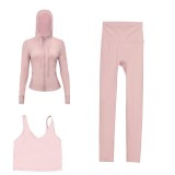LULU DF hooded jacket, U-shaped vest, cropped pants three-piece set, starry gold zipper slim-fit yoga outfit