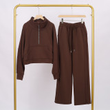 LULU Women's Yoga Outfit: Loose Fit Stand Collar Sweatshirt with Half Zipper and Sweatpants Set, Casual Loose Short Style with Fleece Lining