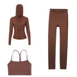 LULU DF Embossed Hooded Jacket, Y-Back Vest, Cropped Pants Three-Piece Set, Starry Gold Zipper Yoga Outfit