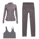 LULU DF stand-up collar jacket, U-shaped vest, cropped pants three-piece set, starry gold zipper slim-fit yoga wear