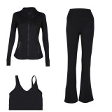 LULU DF stand-up collar jacket, U-shaped vest, bell-bottom pants three-piece set with gold zipper, sports fitness slim-fit yoga wear