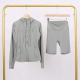 LULU DF hooded jacket and shorts set with gold zipper, slim fit, stretchy, quick-drying, fitness, sports, yoga wear for women