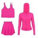 LULU Sports Tennis Skirt with Hooded Jacket and U-Back Tank Top Set for Women, Anti-Exposure Fitness Short Skirt, Two-in-One Design