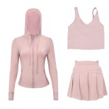 LULU Sports Tennis Skirt with Hooded Jacket and U-Back Tank Top Set for Women, Anti-Exposure Fitness Short Skirt, Two-in-One Design