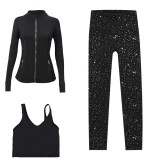 LULU DF stand-up collar jacket, U-shaped vest, cropped pants three-piece set, starry gold zipper slim-fit yoga wear