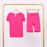 LULU3.0 High-Elasticity Sports Round-Neck Short-Sleeve Five-Pocket Pants Set for Women, Quick-Dry Running Training T-Shirt, Yoga Outfit for Women