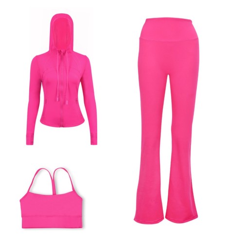 LULU DF hooded jacket, Y-back vest, flared pants three-piece set, starry gold zipper slim-fit yoga outfit