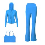 LULU DF Embossed Hooded Jacket, Y-shaped Vest, Bell-bottom Pants Three-piece Set, Starry Gold Zipper Yoga Outfit