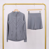 LULU branded stand-up collar jacket and skirt set, sports tennis skirt for women, anti-exposure fitness skirt, two-piece design