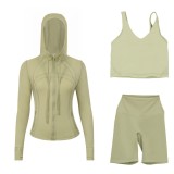LULUDF Embossed Hooded Jacket, U-Shaped Vest, Three-Quarter Pants, Three-Piece Set, Gold Zipper Yoga Outfit, Long Sleeve