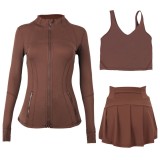 LULU sports tennis skirt, anti-exposure stand-up collar jacket, U-shaped tank top, short skirt three-piece set, yoga quick-dry pleated skirt