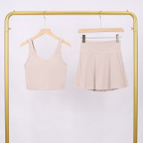 LULU Women's Sports Tennis Skirt Anti-Exposure Fitness U-Back Vest Short Skirt Set Fake Two-Piece Yoga Shorts Fashionable