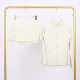 LULU Embossed Stand Collar Jacket and Three-Pleat Skirt Set for Fitness and Sports, Faux Two-Piece Anti-Exposure Elastic Tennis Skirt