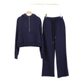 LULU Women's Yoga Wear Half-Zip Loose Hoodie Sweatshirt and Sweatpants Set Casual Loose Short Style with Fleece Lining
