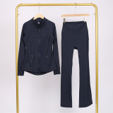 LULU Bell-bottom Pants DF Stand-up Collar Jacket Set with Gold Zipper Top, Women's Slim Fit Coat, Stretchy Yoga Outfit for Women