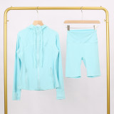 LULU DF hooded jacket and shorts set with gold zipper, slim fit, stretchy, quick-drying, fitness, sports, yoga wear for women