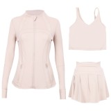 LULU sports tennis skirt, anti-exposure stand-up collar jacket, U-shaped tank top, short skirt three-piece set, yoga quick-dry pleated skirt