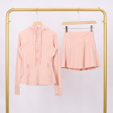 LULU branded hooded jacket and short skirt set, sports tennis skirt for women, anti-exposure fitness two-piece new style