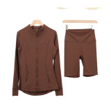 LULU DF Stand Collar Jacket and Shorts Set with Gold Zipper, Slim Fit Quick-Dry Fitness Yoga Outfit for Women