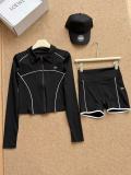 Yoga suit women's stand up collar zipper long sleeved sports top, high elasticity quick drying fitness pants, striped splicing for slimming effect
