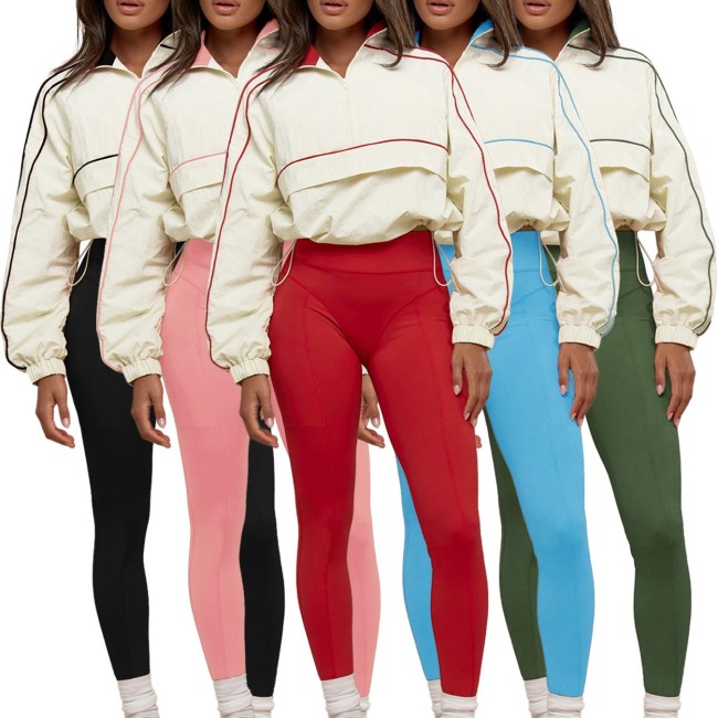 HR25081 European and American fashion women's drawstring waist nylon top and yoga pants sports casual two-piece set